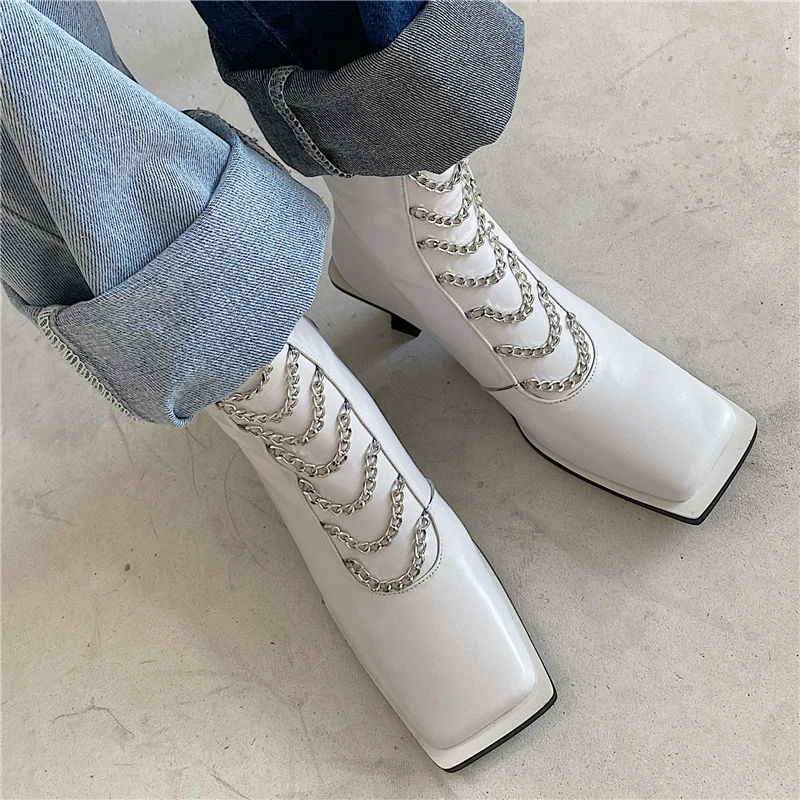

VERCONAS Women Ankle Boots New Square Toe Metal Chain Shoes Woman Autumn Winter Punk Casual Genuine Leather Thin Heels zip Boots