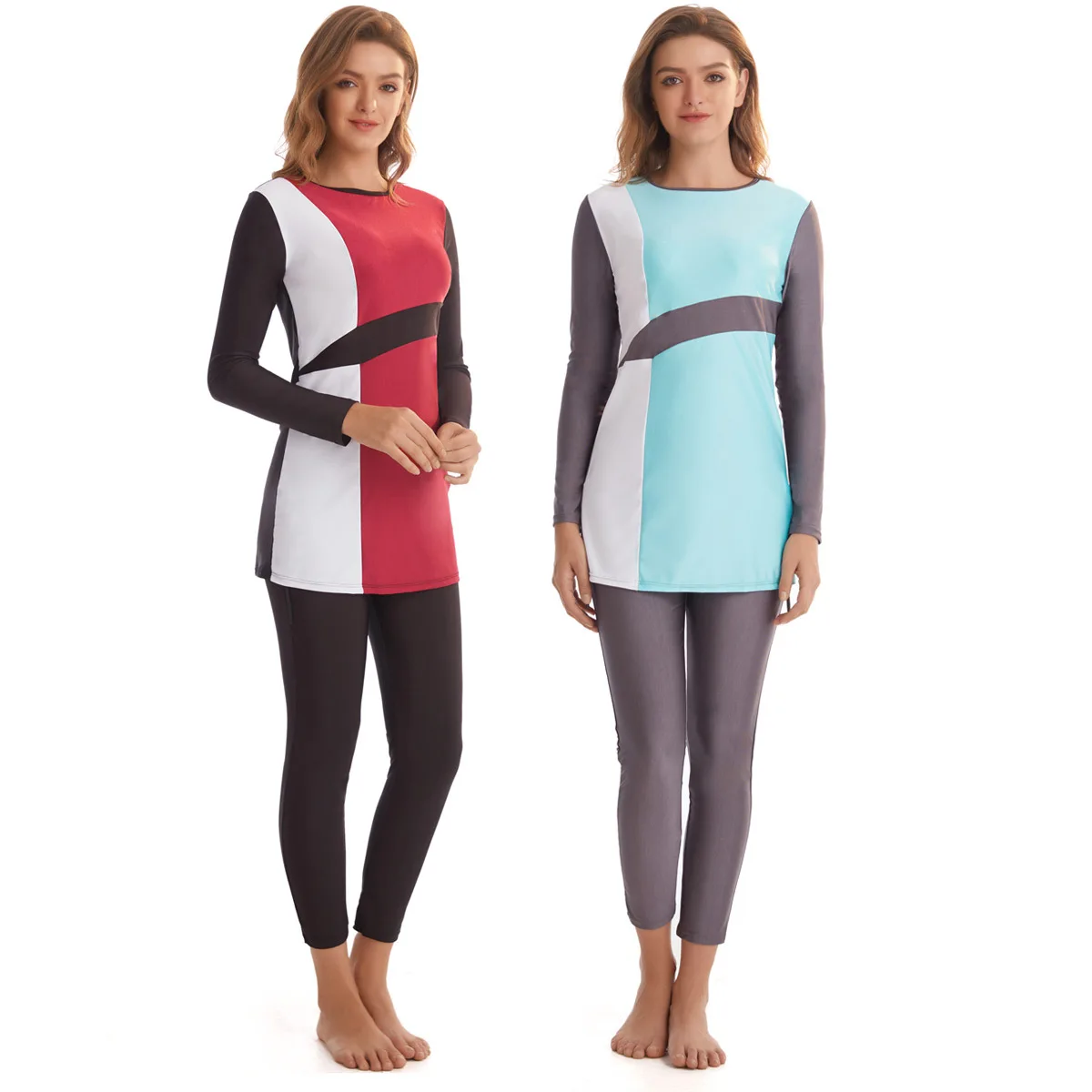 WEPBEL Clothing Set Women Swimsuits Patchwork Muslim Swimsuit Swimming Long-Sleeved Color Matching Swim Clothes Set 2pcs