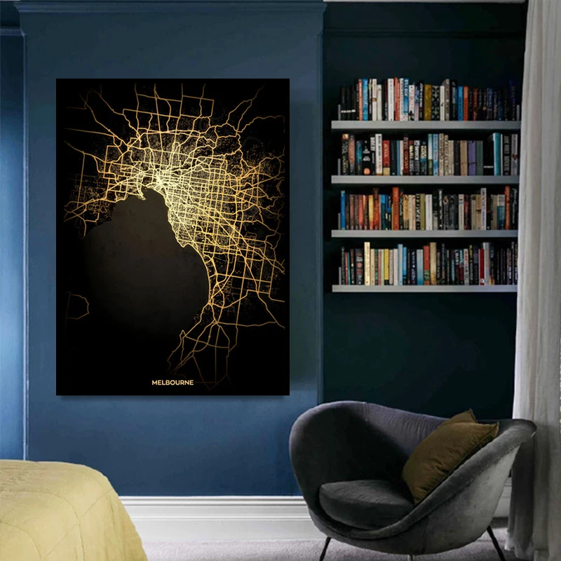 Современная Карта города Мельбурн В индустриальном стиле черная Золотая карта