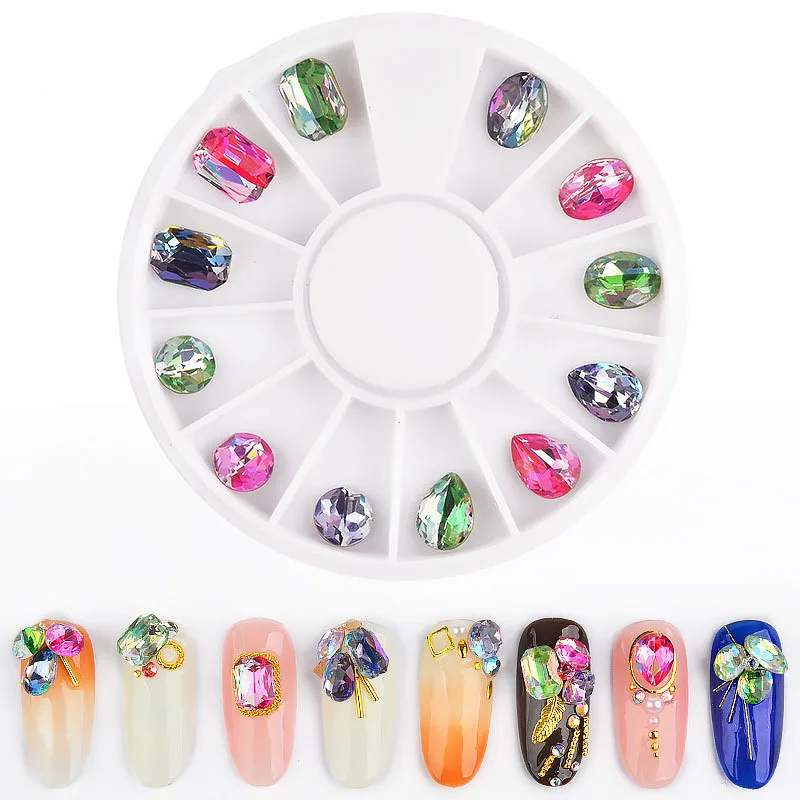 

1 Wheel 3D DIY Charm Gem Rhinestone Nail Art Jewelry Rainbow Women Nail Decorations Manicure Tools 12 Designs