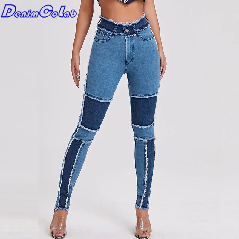 

DenimColab Fashion Patchwork High Waist Jeans Pants Women Splicing Elastic Pencil Pants Ladies Casual Contrast Stretch Jeans