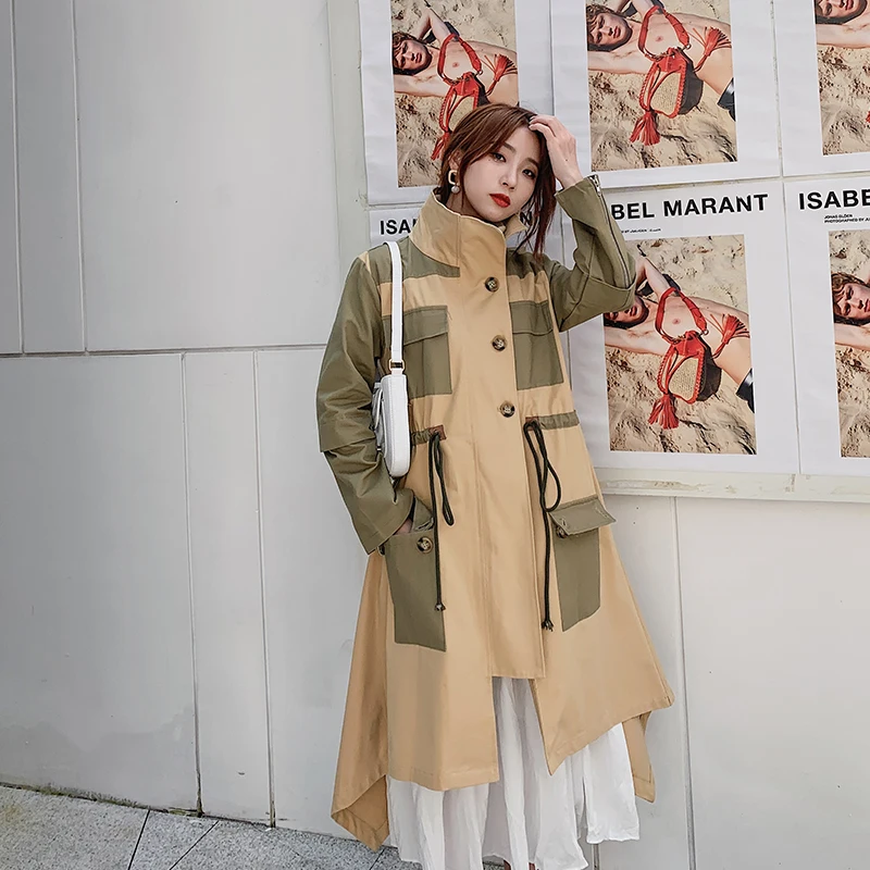 

Celebrity Irregular Double Breasted Turn-down Collar Elastic Waist Trench Coat Elegant Loose Patchwork Long Coat With Pockets