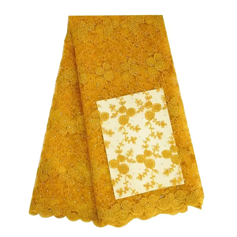 Yellow lace fabric Цветочная зеленая кружевная ткань 5 ярдов/партия Тюль Чистая кружевная Французская ткань с камнями вышивка африканская кружевная ткань для aso ebi платье - Цвет: Yellow lace fabric