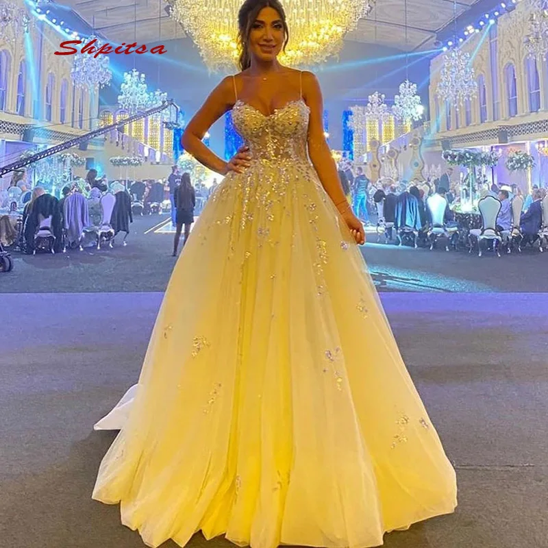 

Yellow Sexy Long Evening Dresses Party A Line Plus Size Tulle Girl Women African Prom Formal Dresses Evening Gown