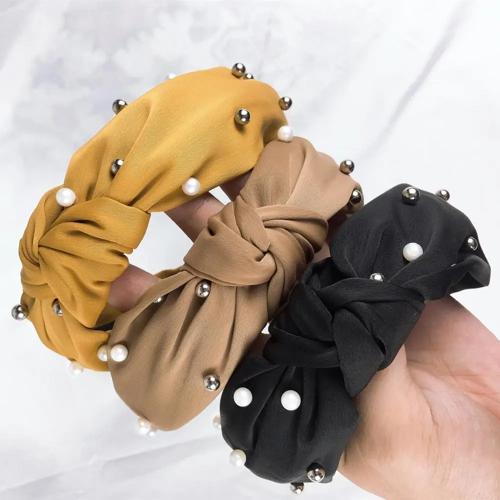 Новый однотонный тюрбан с жемчужинами повязка на голову женский широкий