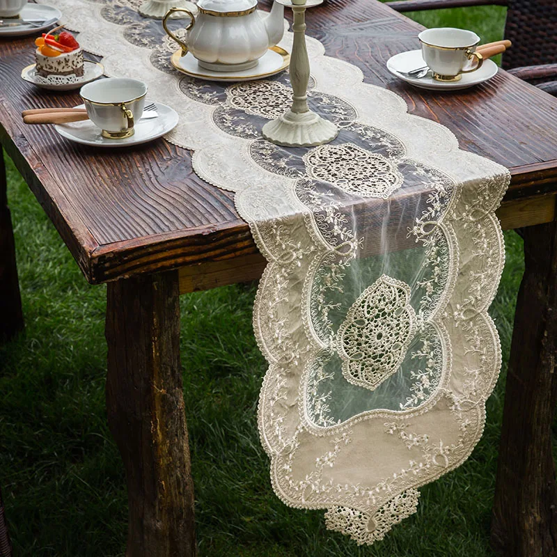 

Luxury velvet dinner table runner with embroidery lace for home hotel, vintage table cover placemat