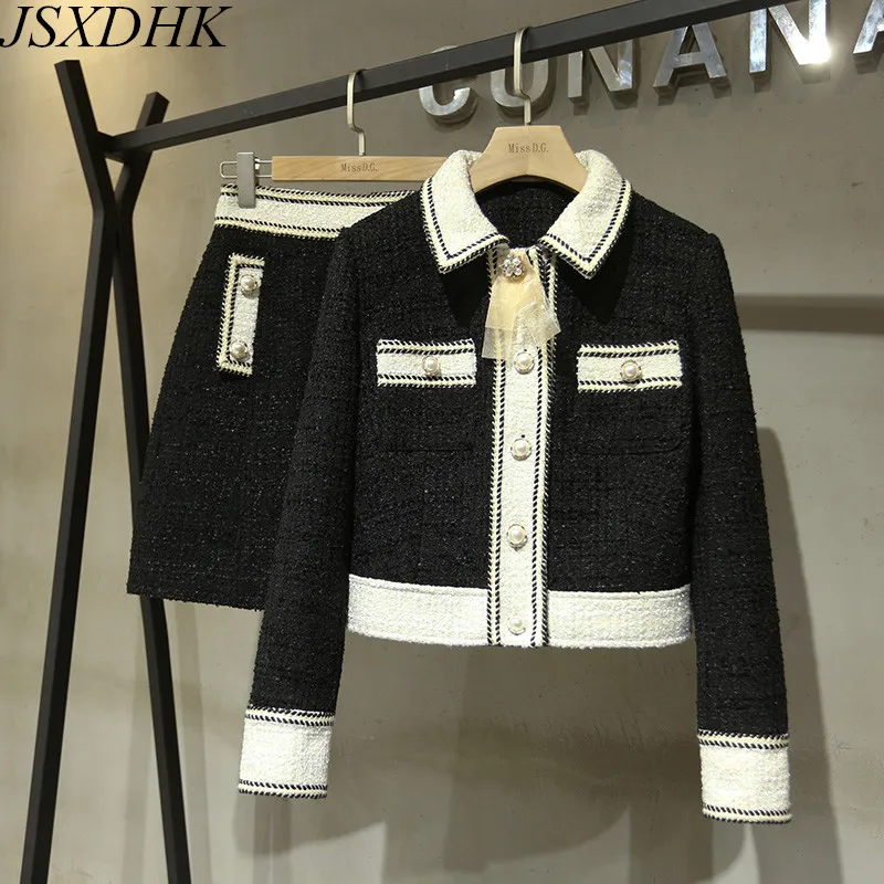 

New High Quality Autumn Winter Tweed 2 Piece Set Women Pearl Button Bowknot Woolen Jacket Coat + Mini Skirt Suits Female Outfits