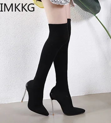 Сапоги выше колена на ультратонком каблуке 12 см с острым носком | Обувь