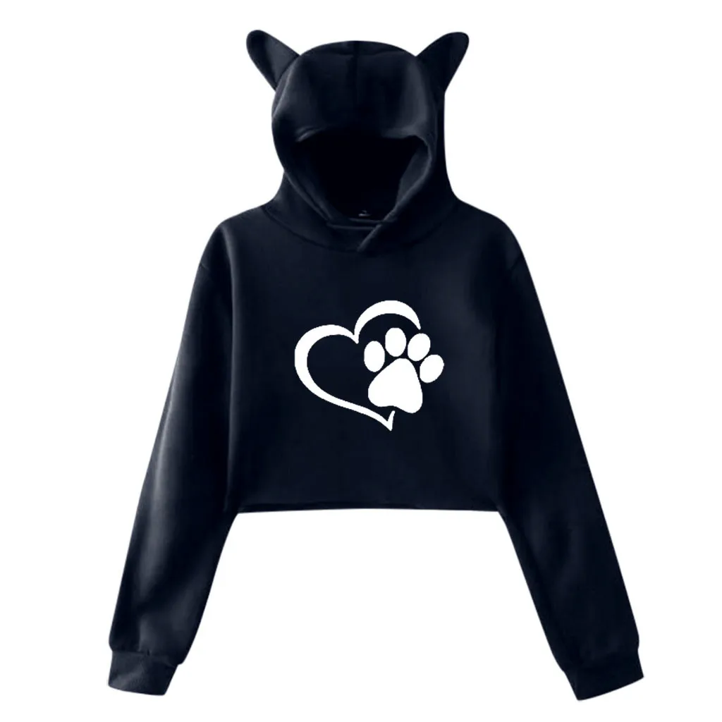 Милые свитшоты с кошачьими ушками женские короткие толстовки sudadera осенние женские пушистые шляпы с капюшоном пуловер Черный Белый kpop