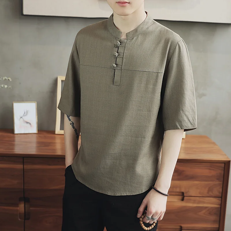 Мужская традиционная китайская одежда из хлопка и льна с коротким рукавом