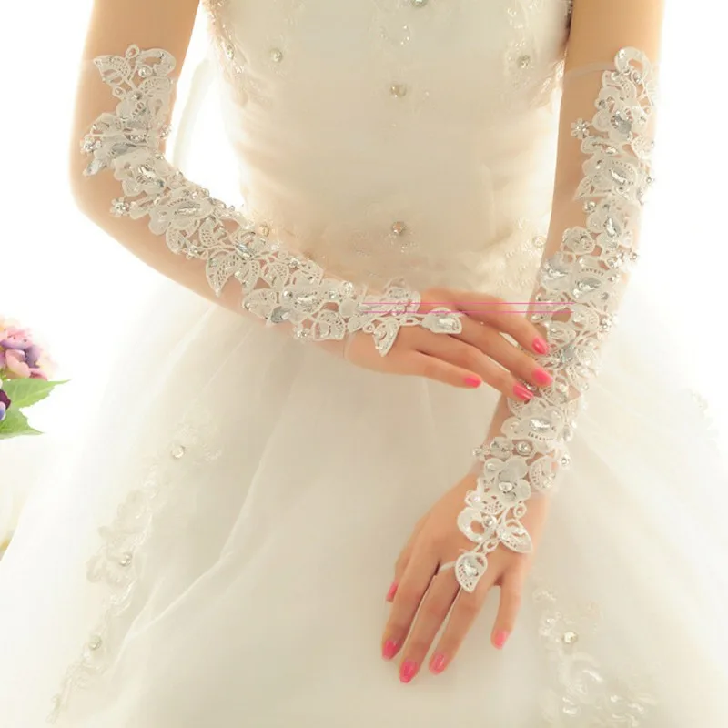 Guantes de Novia Long Opera length Wedding Gloves For Bride Fingerless Crystal Ivory Lace Bridal Gloves Wedding Accessories 209
