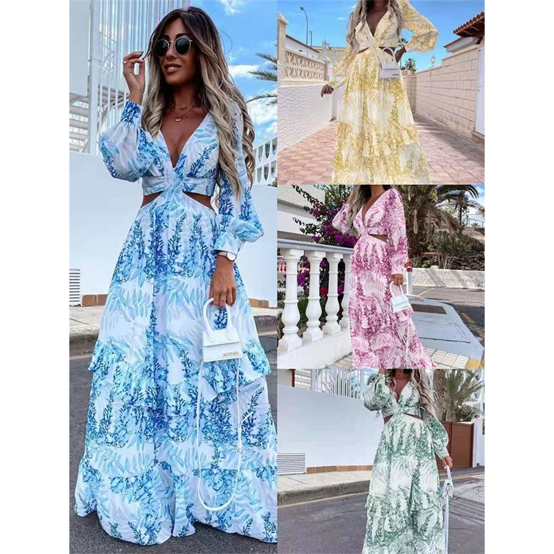 

Summer Women's Clothing Sexy Hollow Out Boho Long Dress Women V Neck Party Dress Spring Summer Long Sleeve Plus Size Maxi Dress
