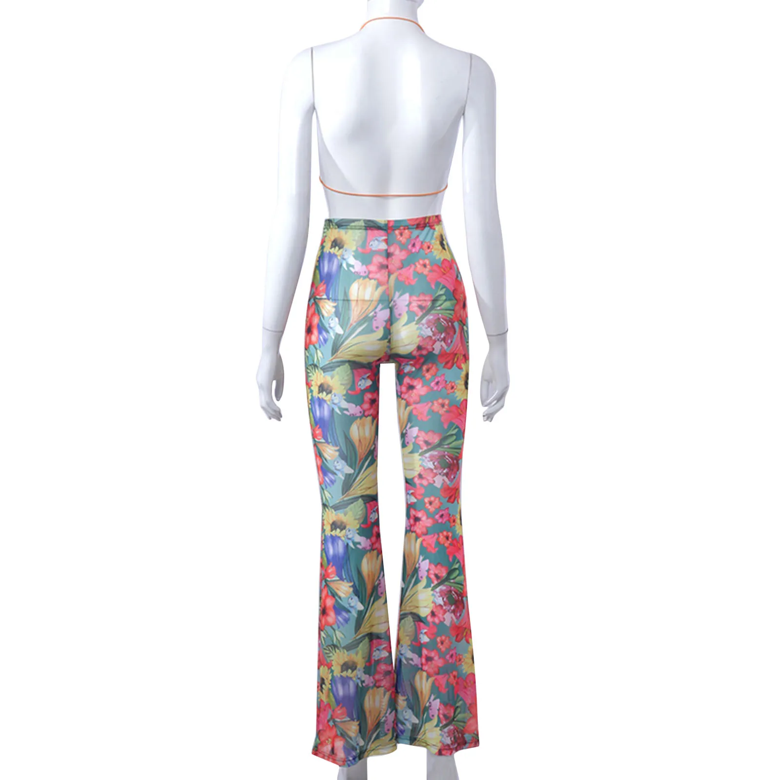 

Floral Print 2 Pieces Women Suit 2021 New Sexy Off Shoulder Halter Lace-up Bras High Waist Long Flared Pants Bottoms