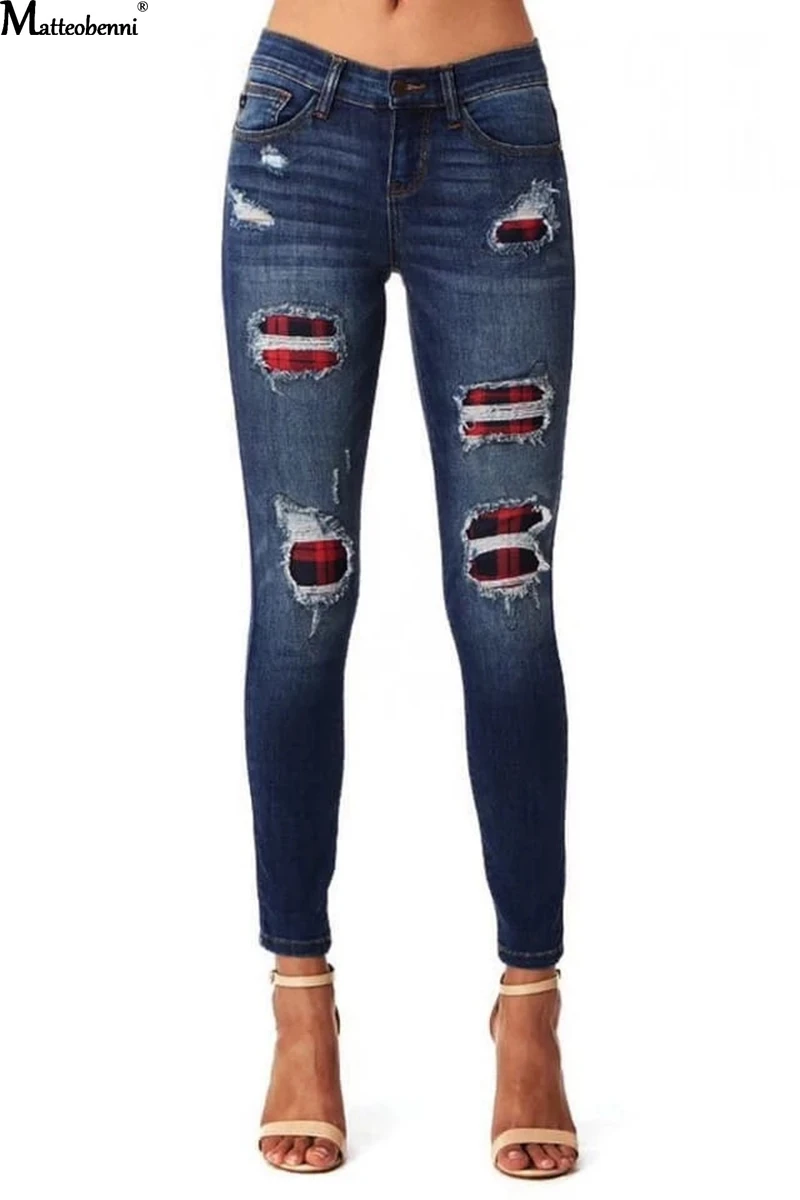 

High Waist Jeans For Women Fashion Slim Hole Leopard Patchwork Long Jeans Sexy Ripped Denim Jeans Pants Push Up Jeans Boyfriend