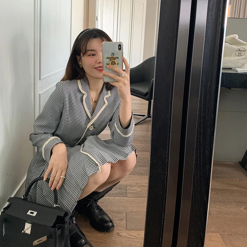 

Korean Version Of The New High-Quality Women'S Fashion A-Line Pleated Dress French Elegant Plaid Suit Collar Pleated Dress 2021