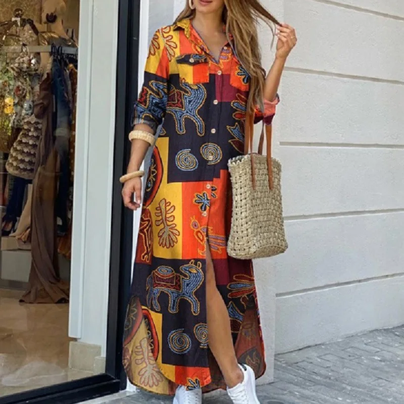 

Women Vintage Print Long Shirt Dress Fashion Boho Casual Large Size S-5XL Button Maxi Dress Autumn 2021 Oversized Ladies Dresses