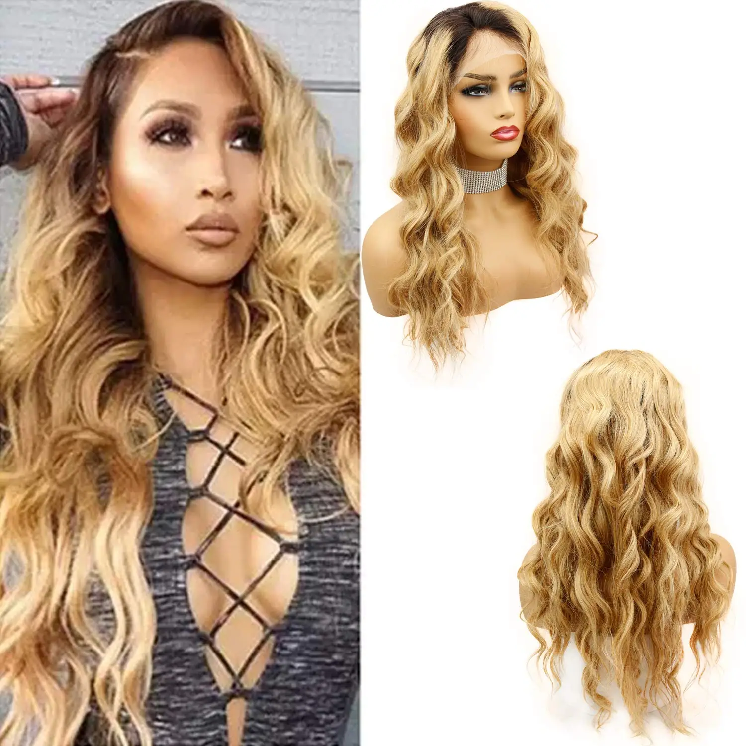 Blonde Ombre Human Hair Lace Front Wigs For Black Women Remy 1b/27 Dark Roots 2 Tone Loose Wave Eseewigs