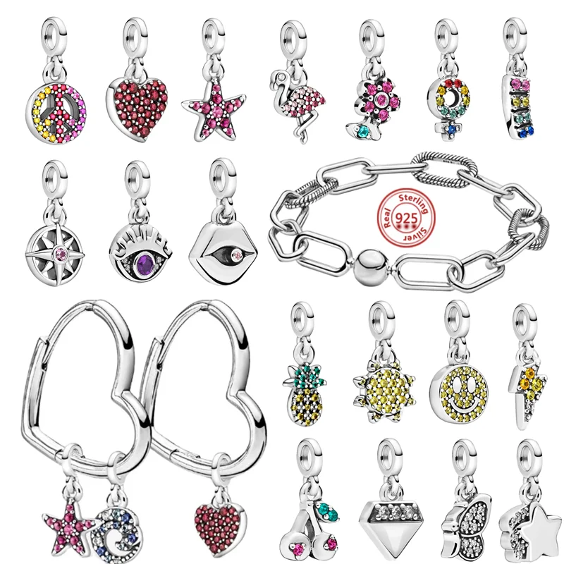 

Fit Original Pandora Charm Me Bracelet Earrings DIY Jewelry 925 Silver My Love Starfish Flamingo Swallow Peace Mini Pendant Bead