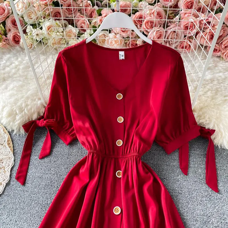 2021 V-cuello vestido de verano Vestido de manga corta Vintage rojo línea Mid-Calf playa Bohemia mujeres vestido Vestidos casuales