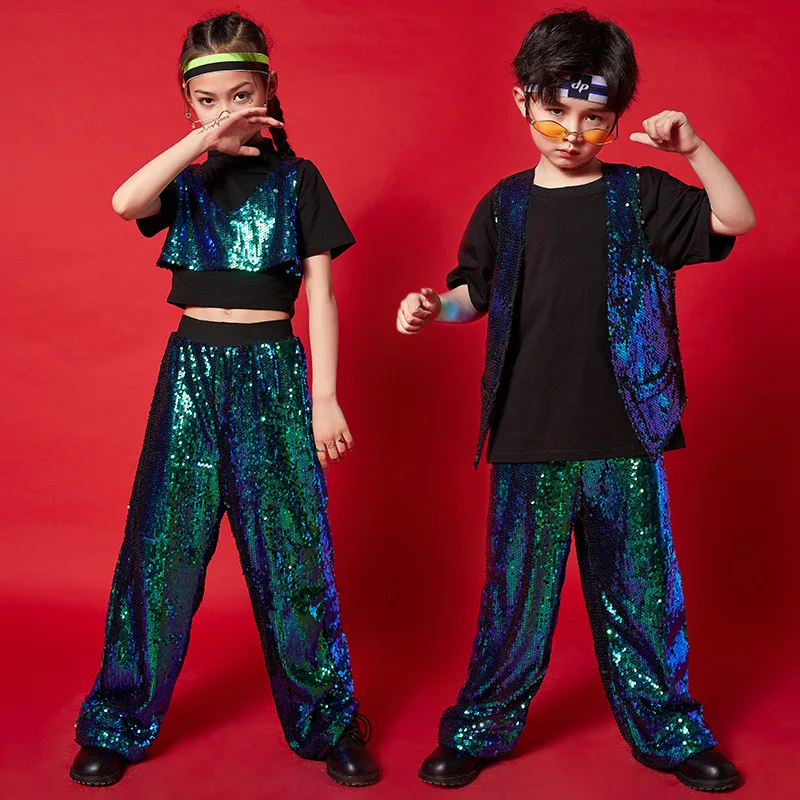 

Kid Cool Hip Hop Clothing Green Sequin Sleeveless Jacket Tank Top Crop T Shirt Streetwear Pants for Girl Boy Jazz Dance Costume