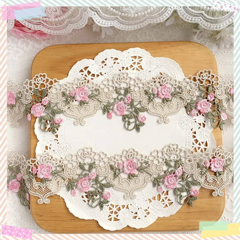 1 ярд розовая зеленая вышивка цветок кружевная ткань отделка лента сделай сам