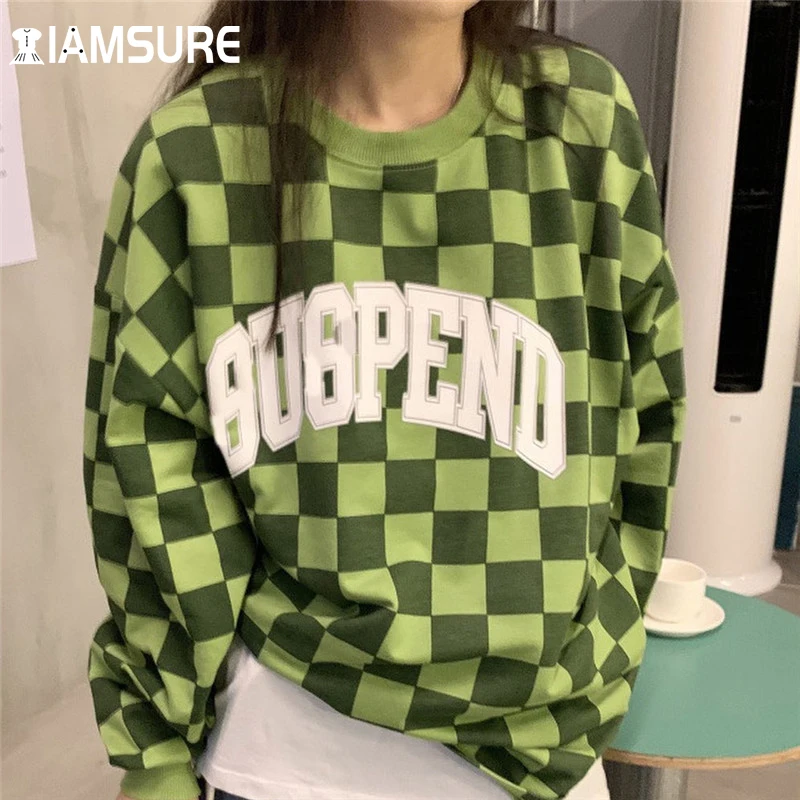 

Женский свитшот в шотландскую клетку IAMSURE, винтажный пуловер оверсайз с длинным рукавом и круглым вырезом, 2021