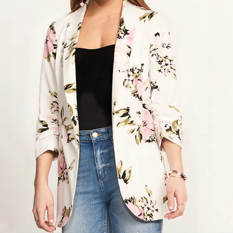 

Spring Autumn Fashion White Open Stitch Regular Jacket Print Pocket Small Blazer Long Sleeve Turn Down Collar Jacket