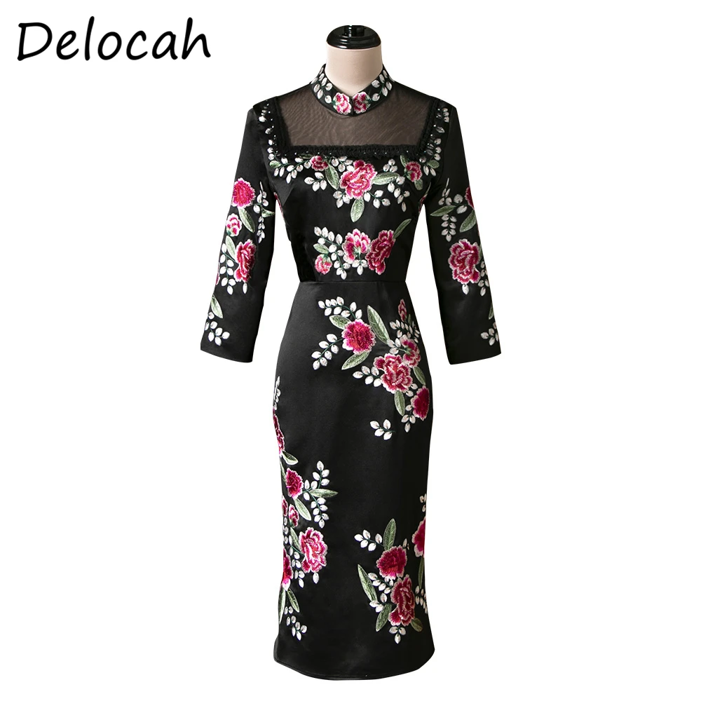 

Delocah женская летняя обувь модные взлетно-посадочной вечерние платье миди с вышивкой свободного покроя, с длинным рукавом элегантное облега...