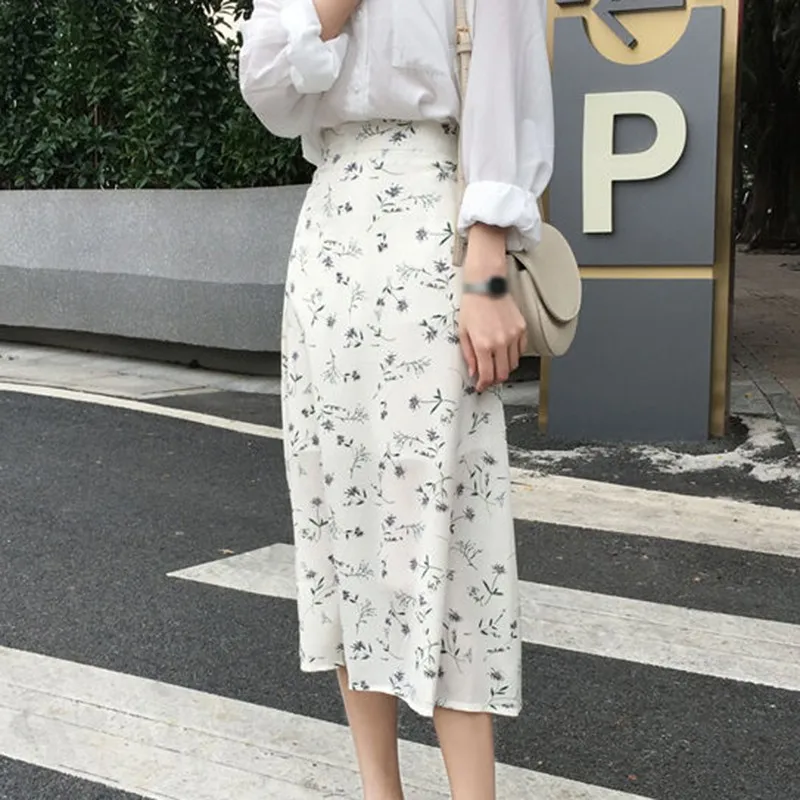 

Floral skirt summer Women Korean Casual high waist Skirt Streetwear Drawstring Elastic Waist Midi Skirt NEW