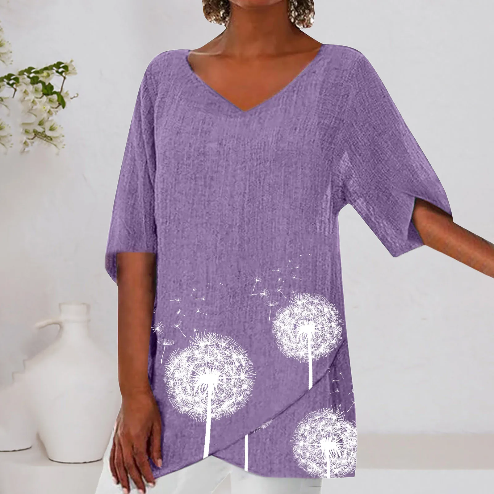 

Summer Women Tshirt Plus Size Short Sleeve Casual Loose V-neck Tee Shirt Femme Irregularity Vintage Cotton Linen Tops ropa mujer