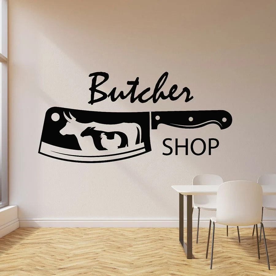 Vinyl Wall Decal Butcher Shop Knife Bull Chicken Sheep Meat Stickers Interior Creative Decor Window Glass Mural Removable S1134