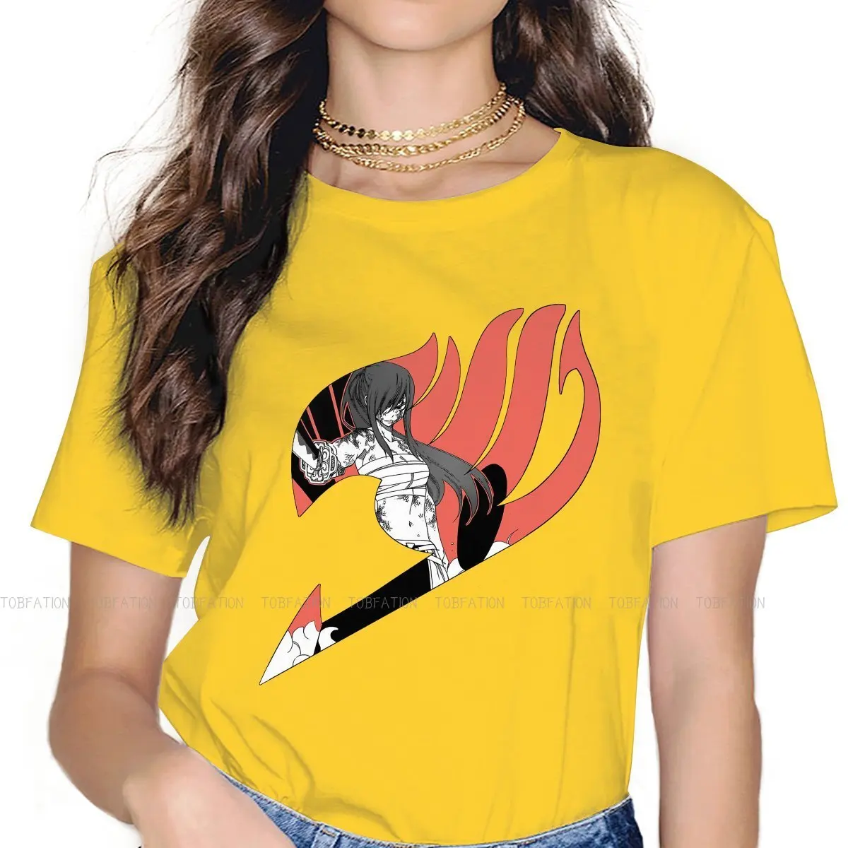 

Erza Scarlet Round Collar TShirt Fairy Tail Japanese ACG Natsu Erza Lucy Pure Cotton Original T Shirt Woman's Individuality