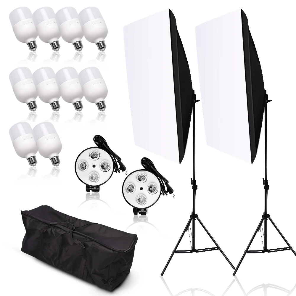 

Photography Softbox Lightbox Kit 10pcs 25W Bulb E27 Base 50X70cm Softbox 2m Light Stand Photo Camera Video Lighting Equipment