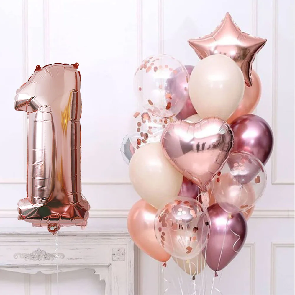 20Pcs 32Inch Rose Gold Number Foil Balloons Birthday Party Decoration Kids 1st Baby Girl Princess 1 2 3 4 5 6 7 8 9 Years Old Su