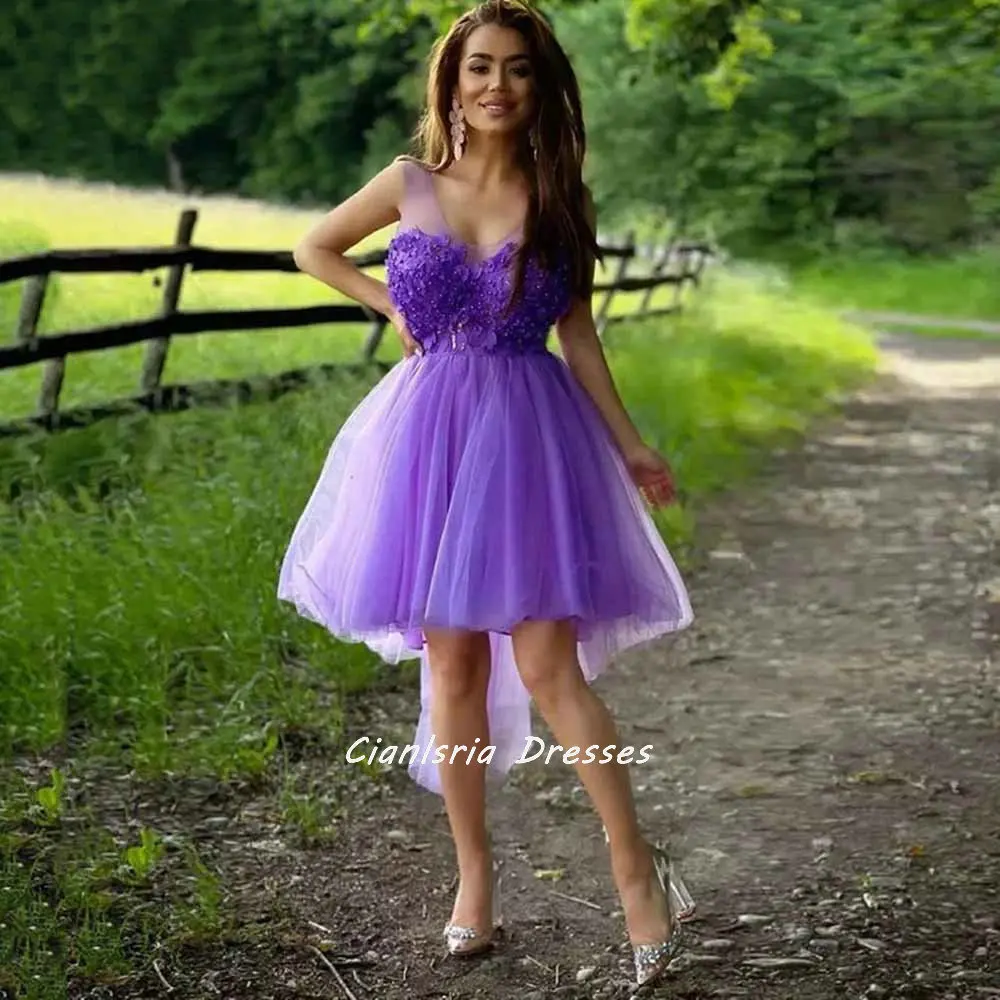

Purple Scoop Illusion Back High/Low Homecoming Dress Sleeveless Appliques Lace Beading Short Cocktail Party Prom Gown