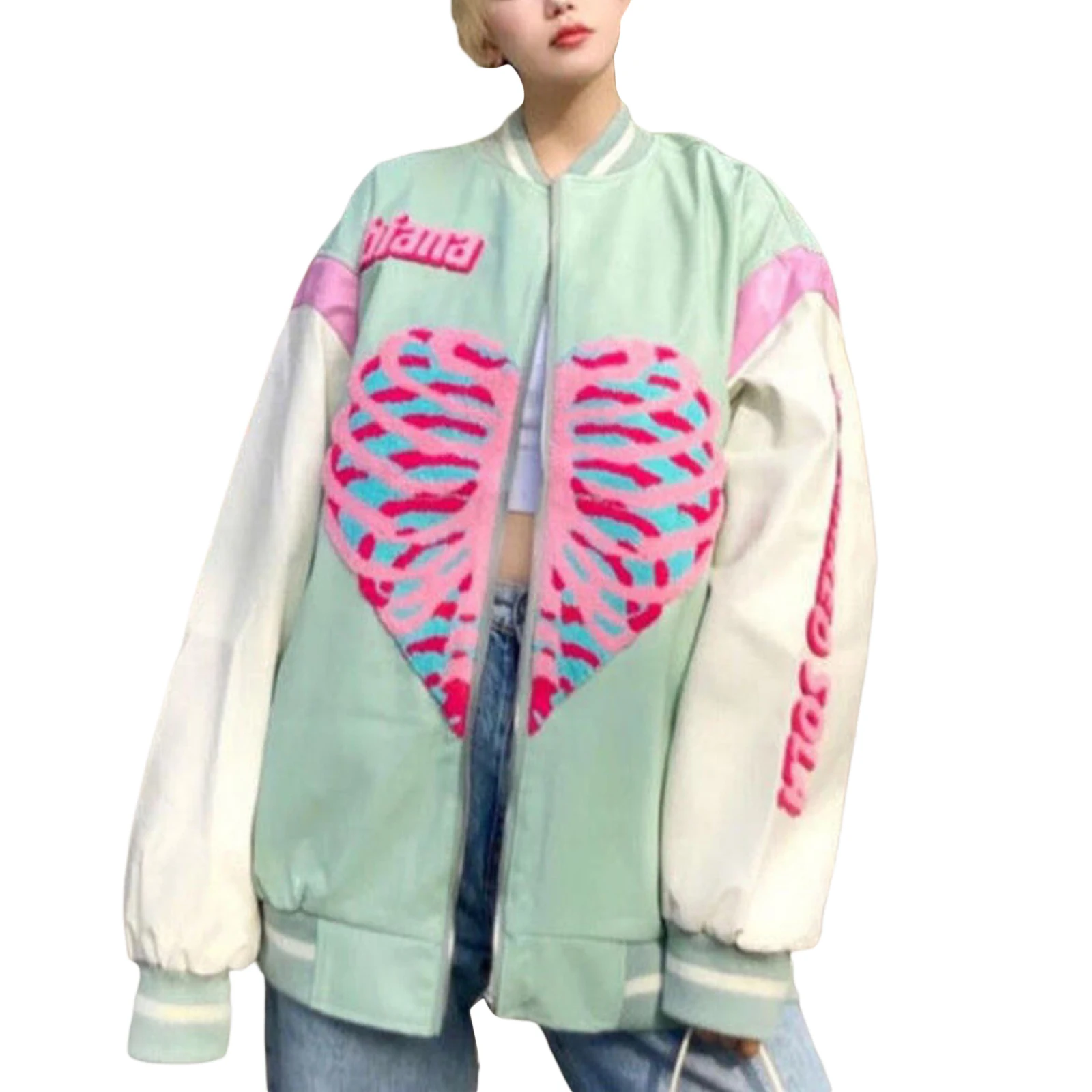 

Women Oversized Baseball Jackets, Fashion Skeleton Heart Print Long Sleeve Loose Coats