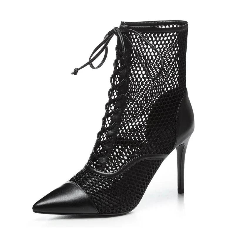 

Summer net red show thin sexy hollow out leather high tube net boots women's pointed thin high heel breathable gauze cool