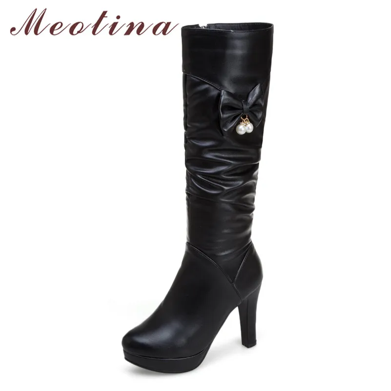 Meotina/Осенние Сапоги до колена женские высокие сапоги со складками на платформе и