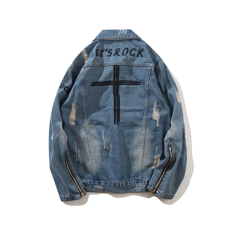 

Harajuku Fashion Cross Retro Rock vintage Blue denim jacket men punk Sweatshirt sudadera hole streetwear