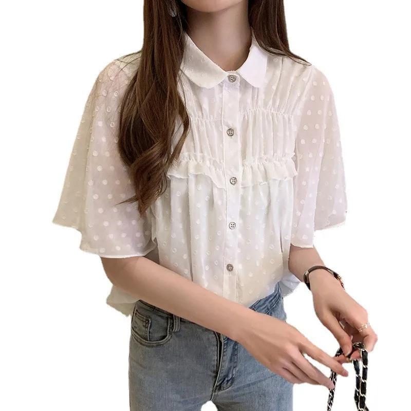 

Chiffon Shirt Women 2021 Summer New Korean Version Lotus Leaf Sleeve Solid Color Blouse Short Sleeves Sweet Top Female JD1255