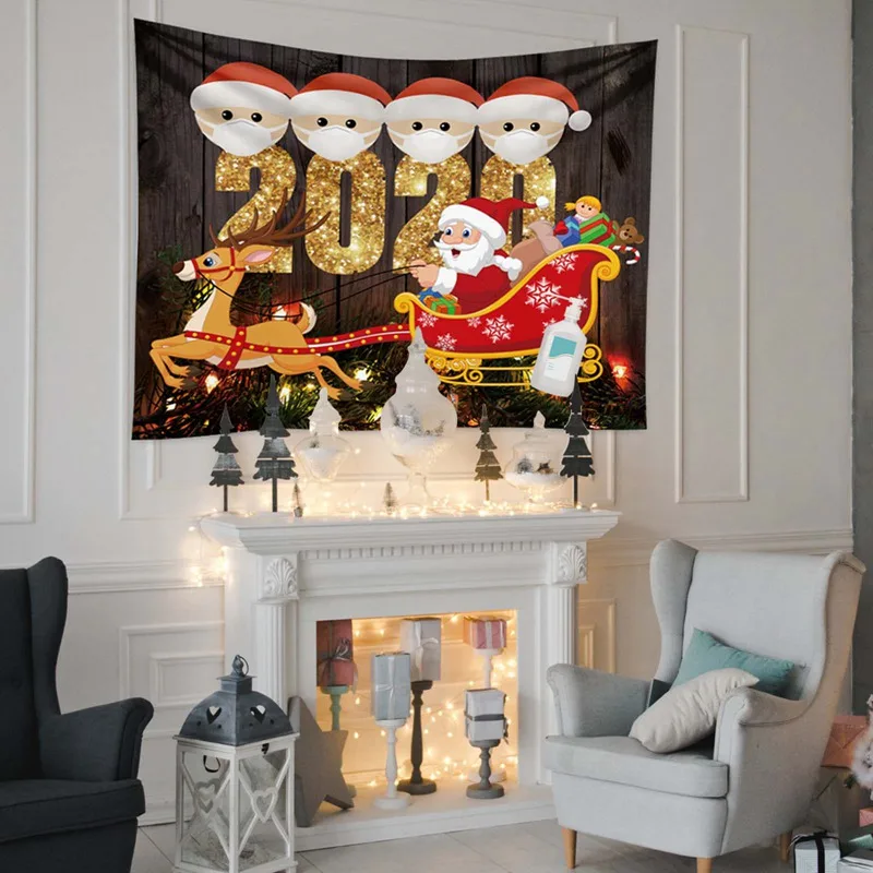 

Christmas Tapestry Fireplace 2020 Family Santa Claus Home Decoration Polyester Thin Christmas Wall Hanging Decor