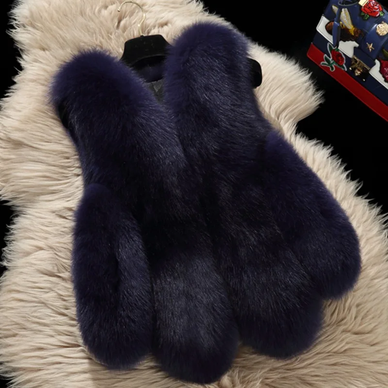 Diwish зимнее меховое пальто пушистая куртка жилет лисий мех плюшевое женское синее