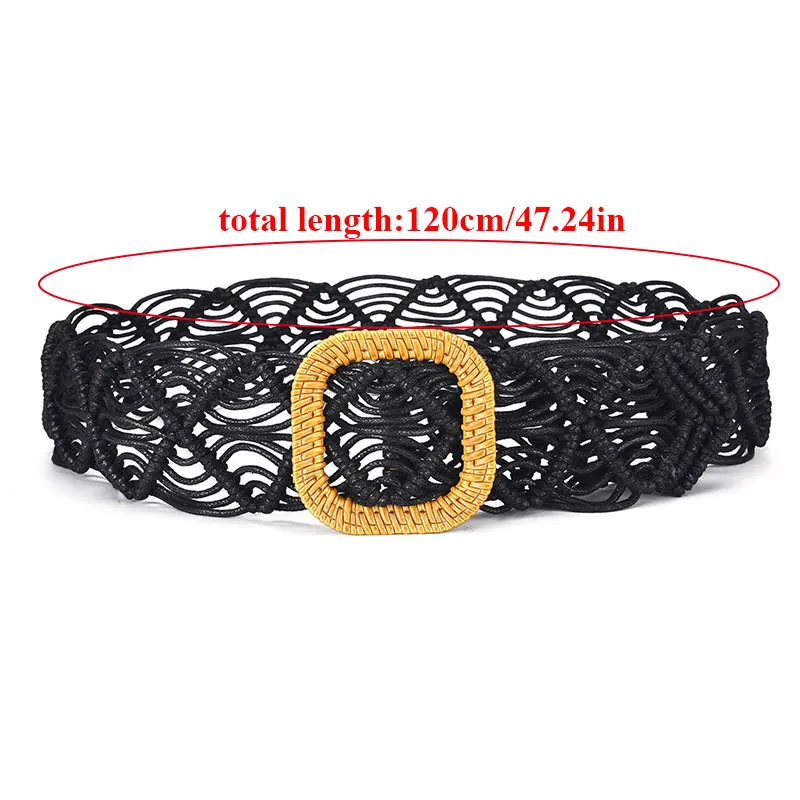 

Bohemian Woven Belts Women Vintage Wide Waistband With Square Woven Buckle Female Chic Crochet Braided Rope Dress Skirt Belts