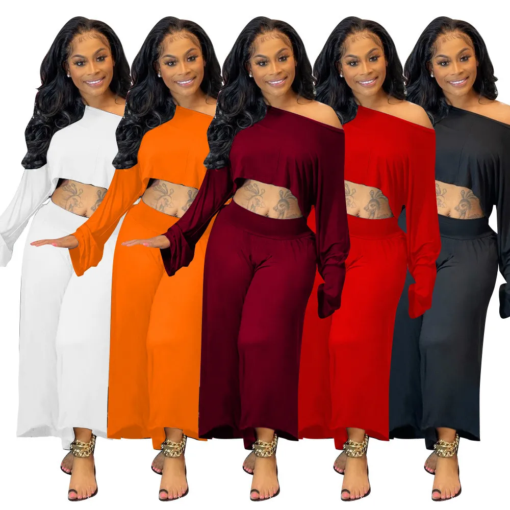 

HAOOHU New Pants Sets Two Piece Set Women Long Sleeve Crop Top Wide Leg Trousers Fashion Streetwear Fall Clothes Urban Commute