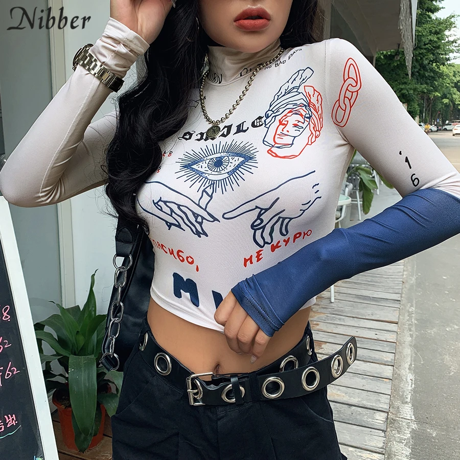 

Nibber autumn fashion high street casual Tight stretch Slim crop tops women Funny print full sleeve stretch Slim tee shirt mujer