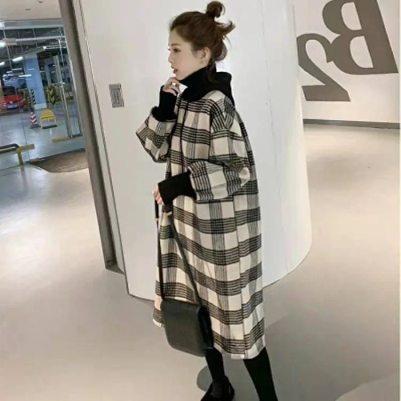 

Женские длинные толстовки на осень и зиму, повседневные свободные свитшоты в клетку с капюшоном, мешковатый пуловер, Свитшот оверсайз, плат...