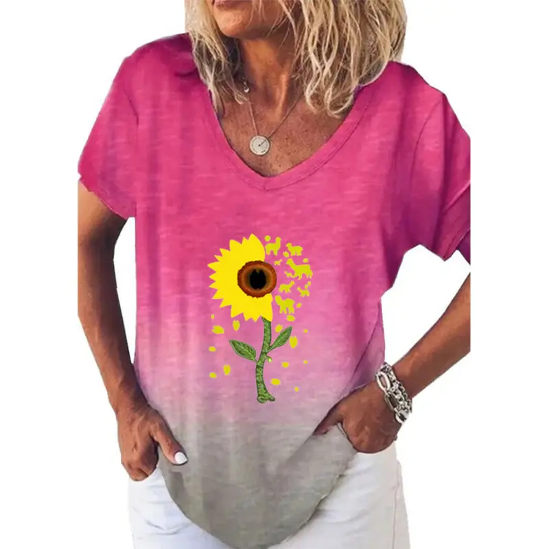 

Womens Sunflower Printed V-Neck Short Sleeve T-Shirt Summer Casual Beach Tops