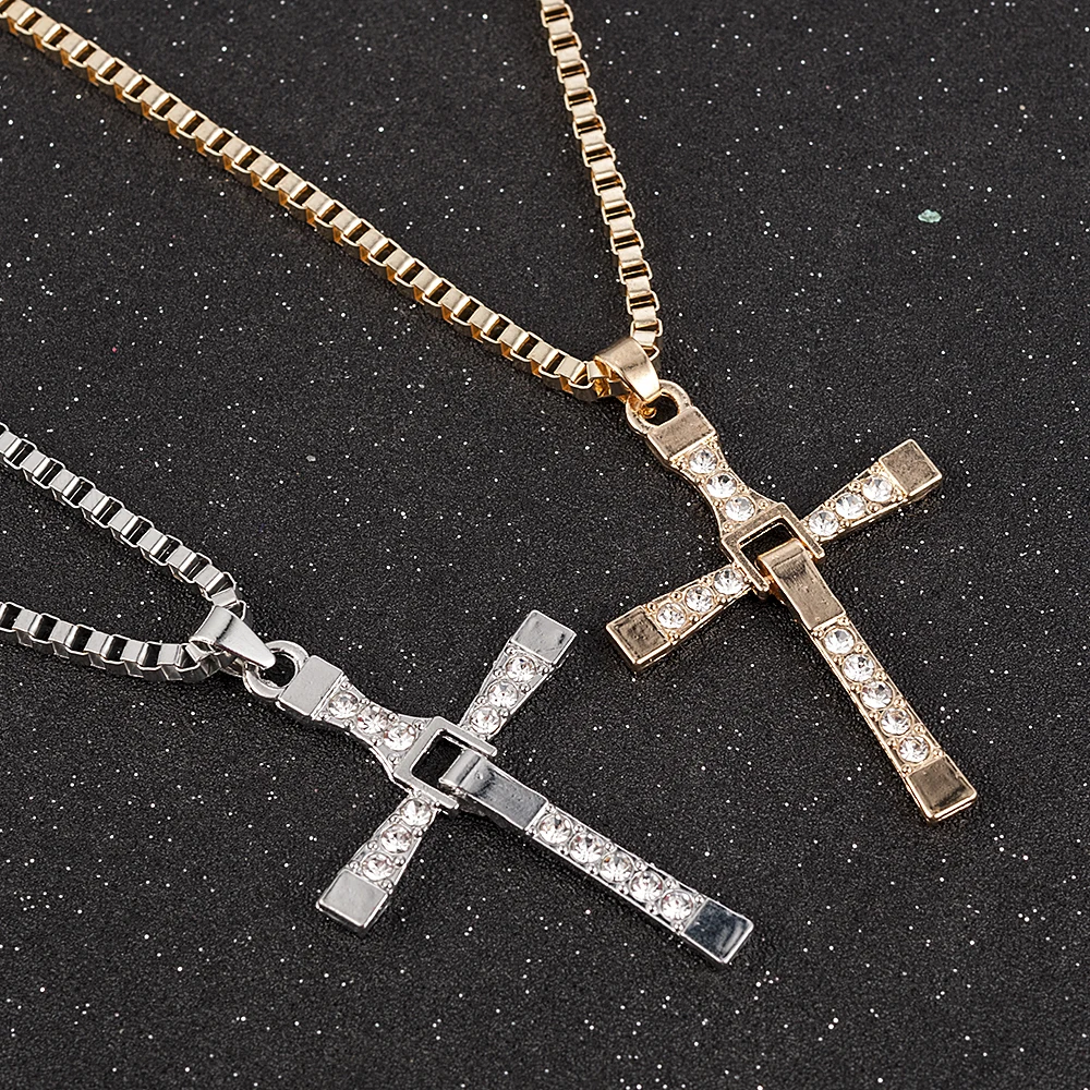 Fast and Furious Movies Actor Dominic Toretto  Rhinestone Cross Crystal Pendant Chain Necklace Men Jewelry