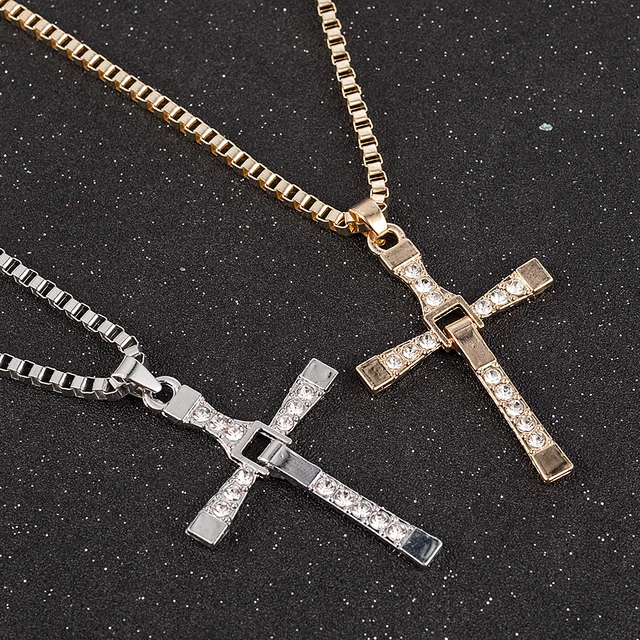 Fast and Furious Movies Actor Dominic Toretto Rhinestone Cross Crystal Pendant Chain Necklace Men Jewelry 1