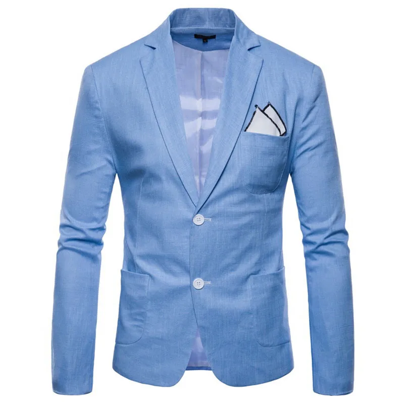 Light blue Модный хлопковый льняной летний удобный мужской блейзер s приталенный пиджак костюмы блейзеры мужской качественный повседневный костюм размера плюс 4XL - Цвет: Light blue